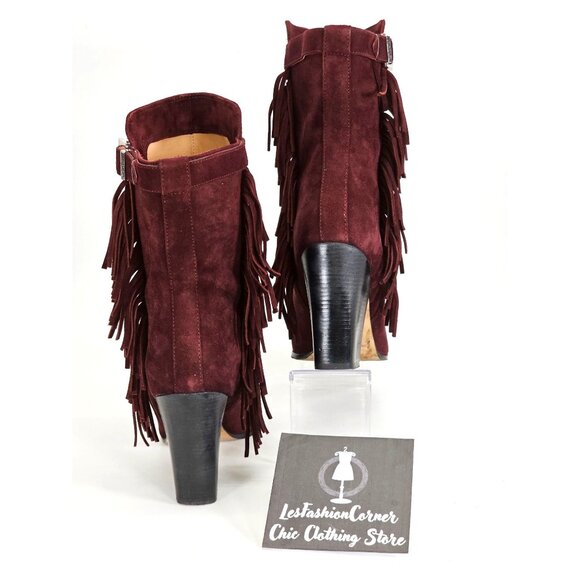 Sigerson Morrison Women's Burgundy Suede Mallie Fringe Dress Boots Size 9 1646 - Picture 4 of 10